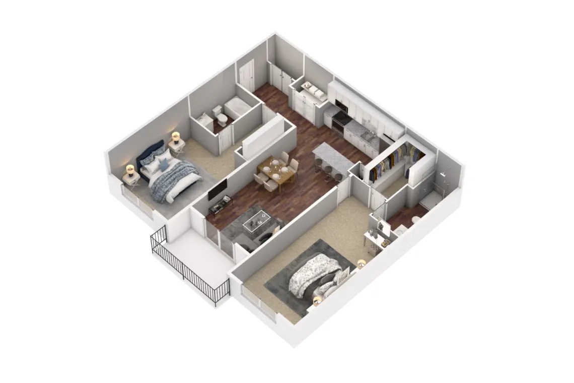Floor plan for 2 beds, 2 baths, 1169 sqft